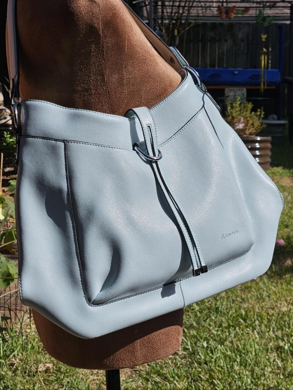 Women's Light Blue Leather Shoulder Bag with Center Strap